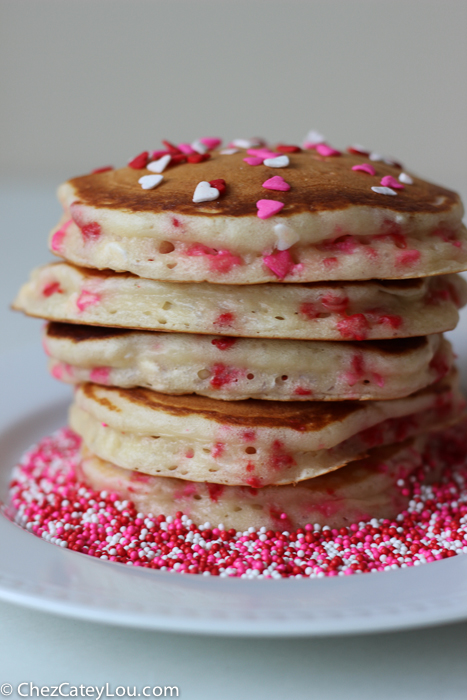 Valentines Day Funfetti Pancakes with Vanilla Greek Yogurt Sauce | ChezCateyLou.com