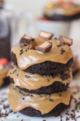 Chocolate Donuts with Peanut Butter Frosting  | ChezCateyLou.com #donut