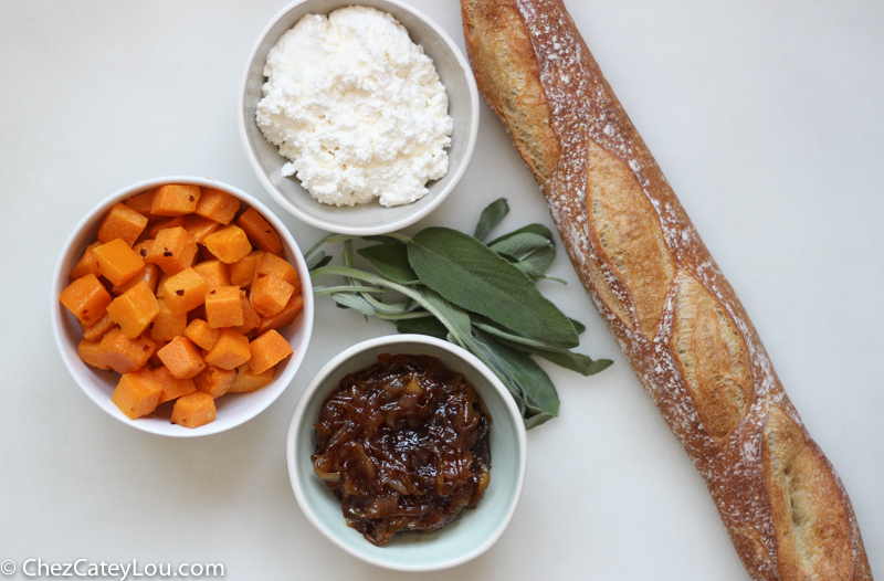 Butternut Squash Crostini with Ricotta, Cider Caramelized Onions, and Fried Sage | ChezCateyLou.com