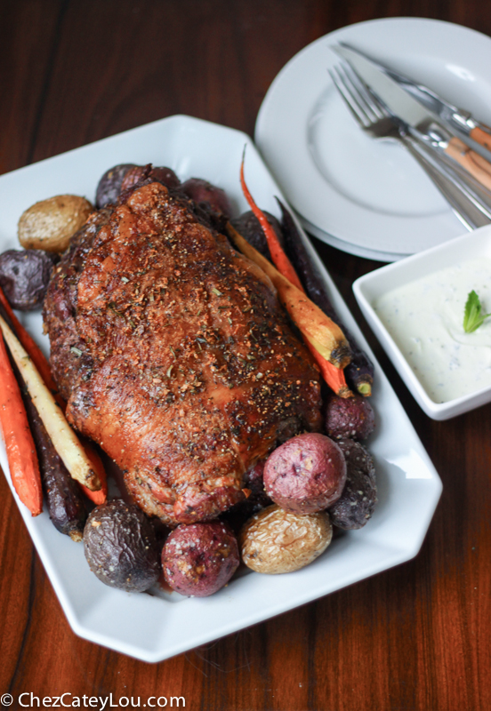 Mediterranean Spiced Roasted Boneless Leg of Lamb with a Feta Yogurt Sauce | ChezCateyLou.com