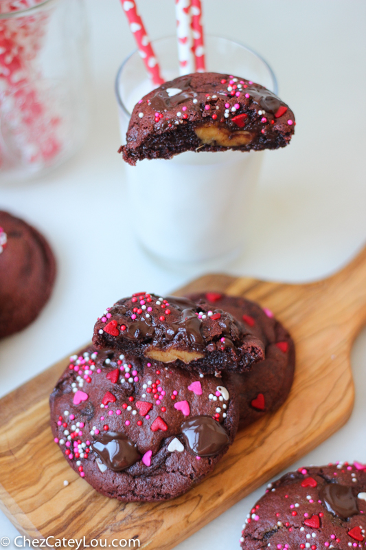 Caramel Stuffed Red Velvet Chocolate Chip Cookies