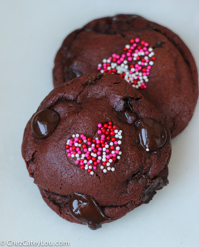 Caramel Stuffed Red Velvet Chocolate Chip Cookies | ChezCateyLou.com - the perfect treat for Valentine's Day!