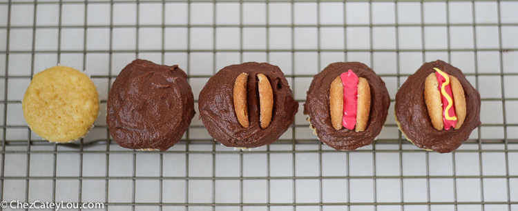 Mini Hot Dog Cupcakes - yellow cupcakes are topped with chocolate frosting and then decorated with a hot dog!  | ChezCateyLou.com