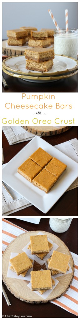 Pumpkin Cheesecake Bars with a Golden Oreo Crust | ChezCateyLou.com