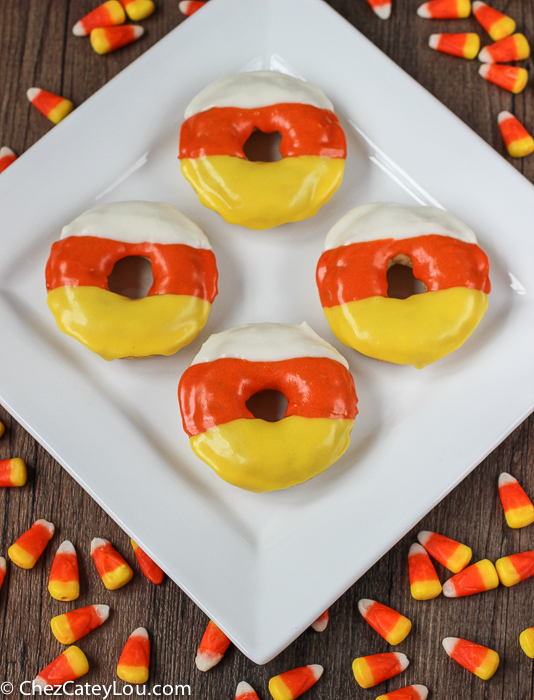 Candy Corn Donuts - the perfect breakfast treat to make for Halloween! |ChezCateyLou.com