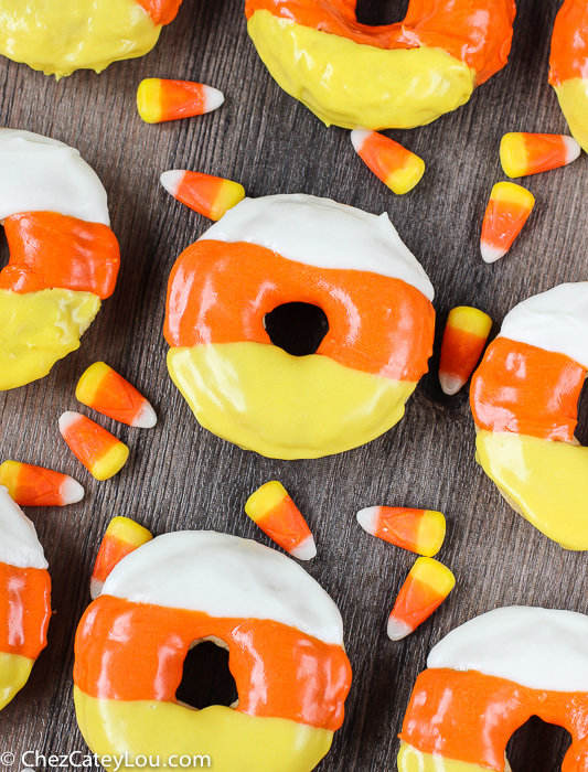 Candy Corn Donuts - the perfect breakfast treat to make for Halloween! |ChezCateyLou.com