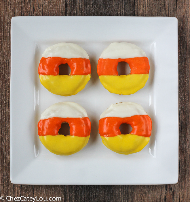 Candy Corn Donuts - the perfect breakfast treat to make for Halloween! |ChezCateyLou.com