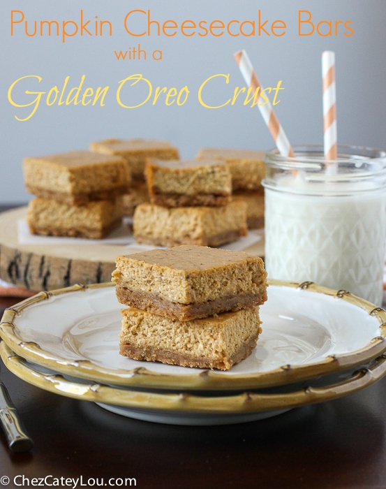 Pumpkin Cheesecake Bars with a Golden Oreo Crust | ChezCateyLou.com