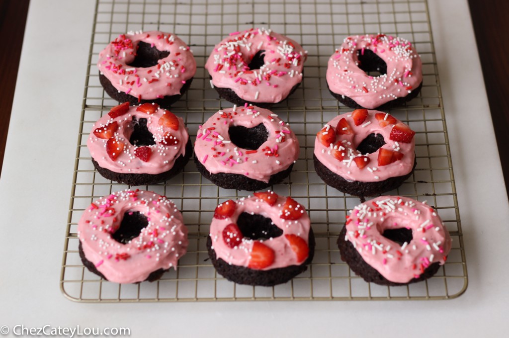 Chocolate Donuts with Strawberry Cream Cheese Icing | chezcateylou.com