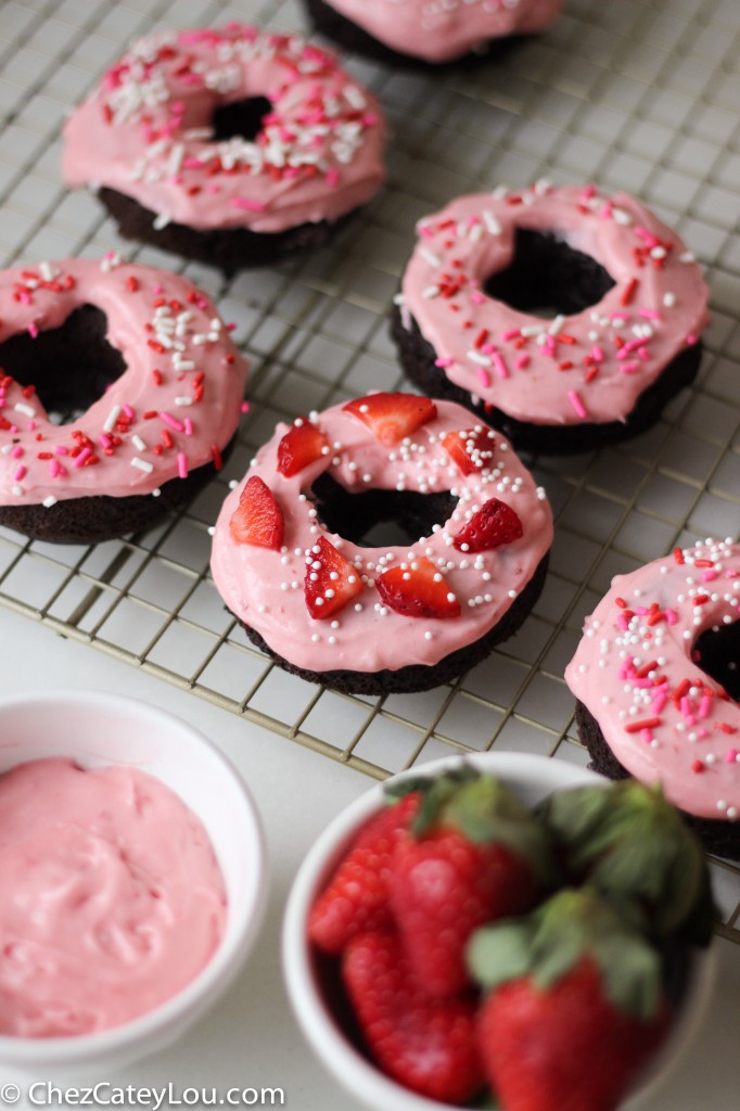 Chocolate Doughnuts with SChocolate Donuts with Strawberry Cream Cheese Icing | chezcateylou.com