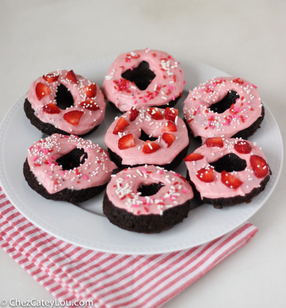 Chocolate Donuts with Strawberry Cream Cheese Icing | chezcateylou.com