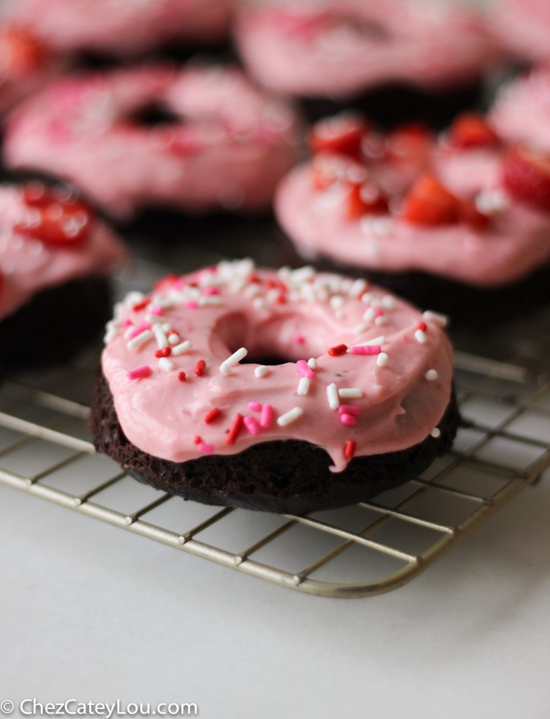 Chocolate Donuts with Strawberry Cream Cheese Icing | chezcateylou.com