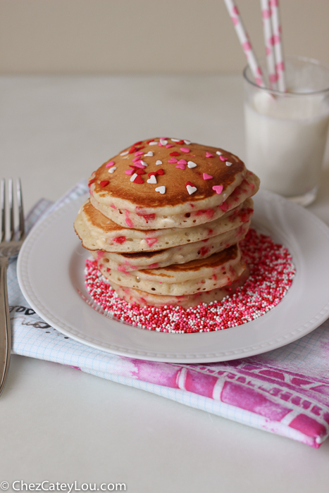 Valentines Day Funfetti Pancakes with Vanilla Greek Yogurt Sauce | ChezCateyLou.com