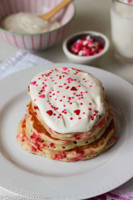 Valentines Day Funfetti Pancakes with Vanilla Greek Yogurt Sauce | ChezCateyLou.com