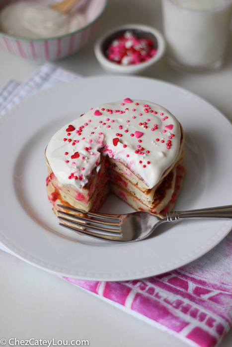 Valentines Day Funfetti Pancakes with Vanilla Greek Yogurt Sauce | ChezCateyLou.com