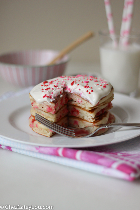 Valentines Day Funfetti Pancakes with Vanilla Greek Yogurt Sauce | ChezCateyLou.com