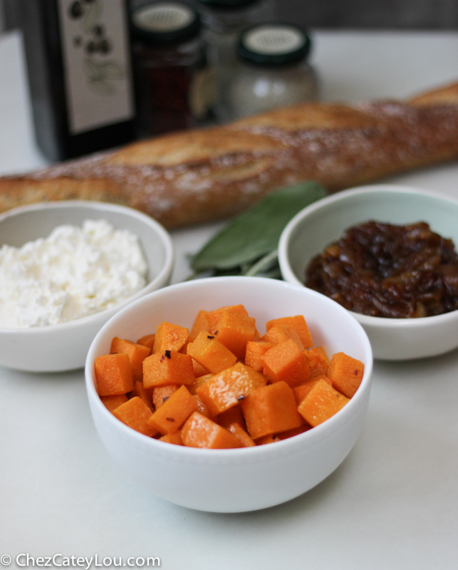 Butternut Squash Crostini with Ricotta, Cider Caramelized Onions, and Fried Sage | ChezCateyLou.com