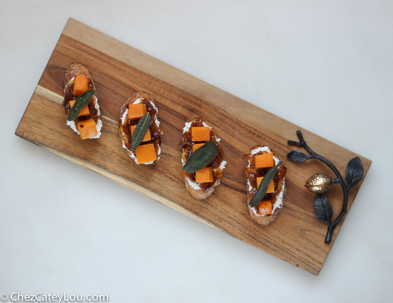 Butternut Squash Crostini with Ricotta, Cider Caramelized Onions, and Fried Sage | ChezCateyLou.com