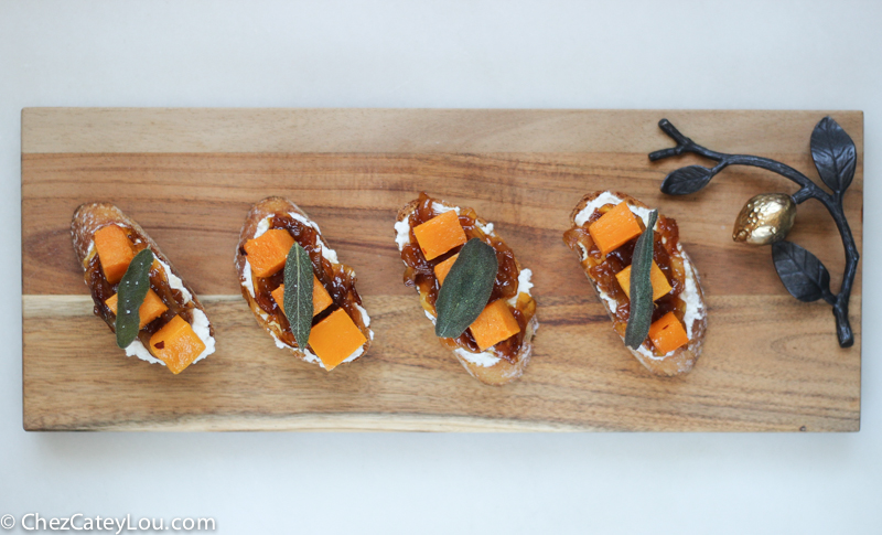 Butternut Squash Crostini with Ricotta, Cider Caramelized Onions, and Fried Sage | ChezCateyLou.com