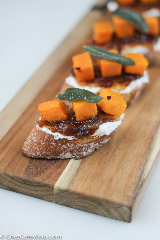 Butternut Squash Crostini with Ricotta, Cider Caramelized Onions, and Fried Sage | ChezCateyLou.com