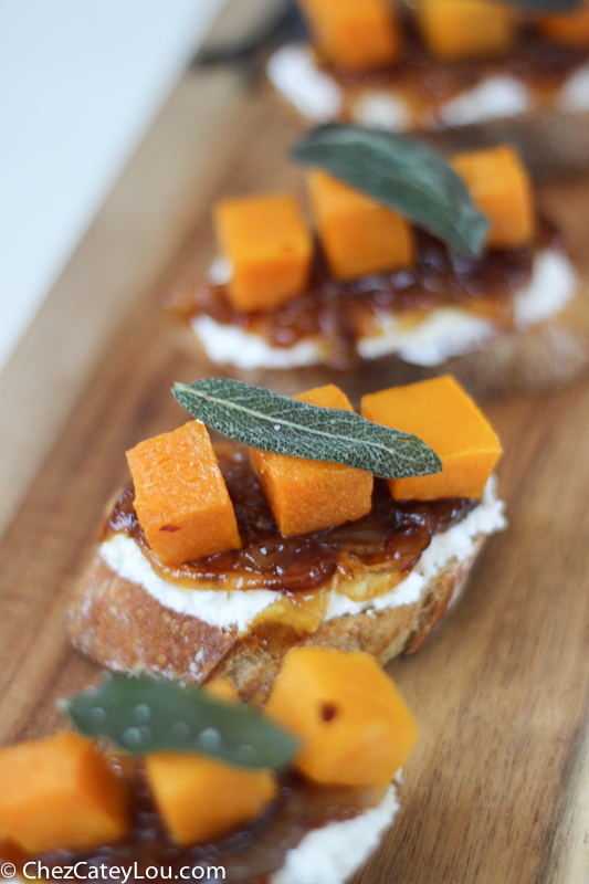 Butternut Squash Crostini with Ricotta, Cider Caramelized Onions, and Fried Sage | ChezCateyLou.com