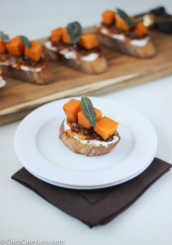 Butternut Squash Crostini with Ricotta, Cider Caramelized Onions, and Fried Sage | ChezCateyLou.com