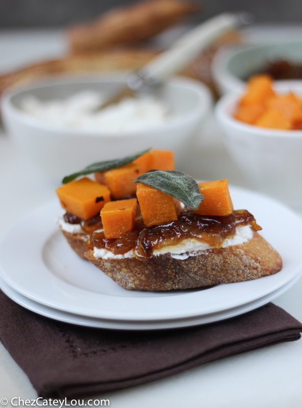 Butternut Squash Crostini with Ricotta, Cider Caramelized Onions, and Fried Sage | ChezCateyLou.com