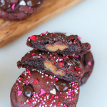Caramel Stuffed Red Velvet Chocolate Chip Cookies | ChezCateyLou.com - the perfect Valentine's Day treat!