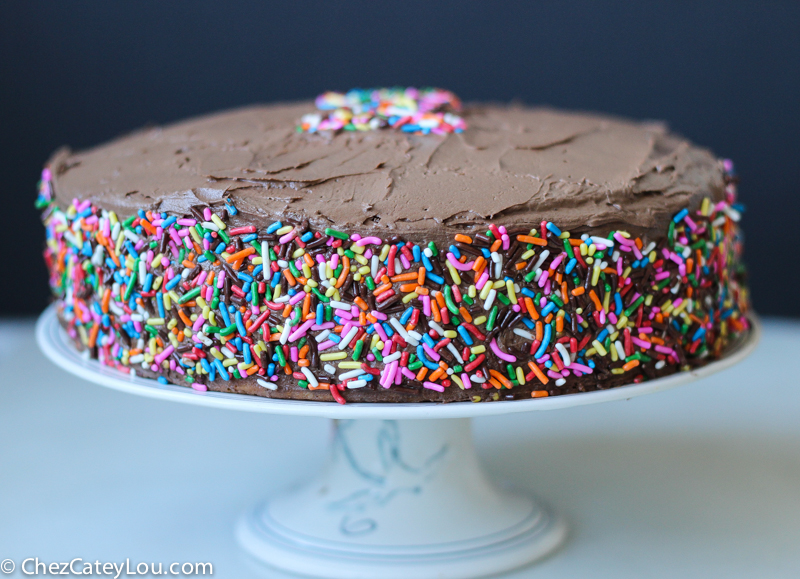 Yellow Birthday Cake with Peanut Butter Chocolate Frosting | ChezCateyLou.com