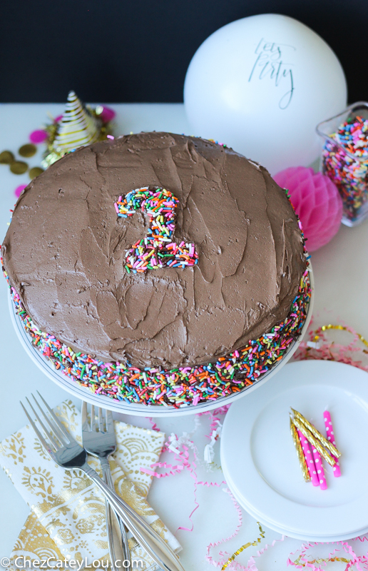 Yellow Birthday Cake with Peanut Butter Chocolate Frosting | ChezCateyLou.com