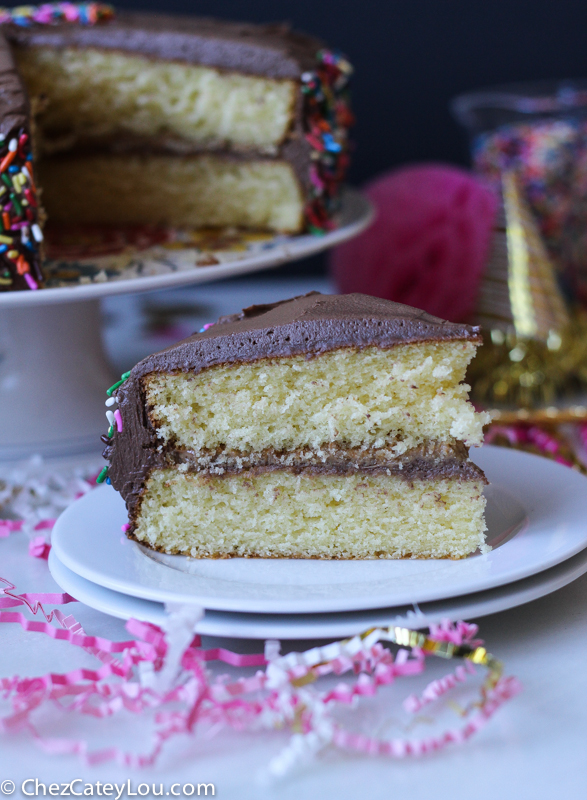 Yellow Birthday Cake with Peanut Butter Chocolate Frosting | ChezCateyLou.com