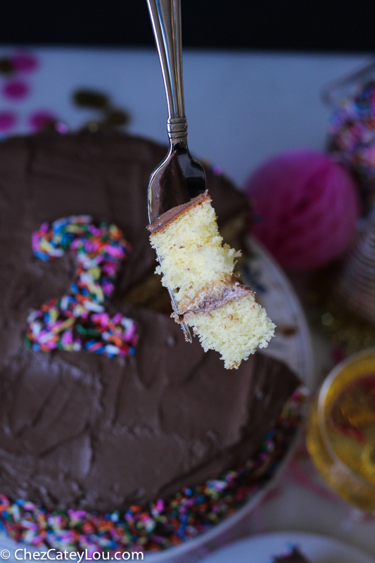 Yellow Birthday Cake with Peanut Butter Chocolate Frosting | ChezCateyLou.com