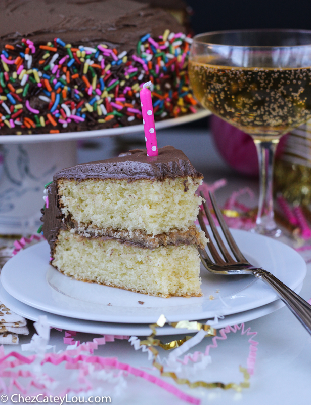 Yellow Birthday Cake with Peanut Butter Chocolate Frosting | ChezCateyLou.com