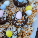 Mini Easter Brownie Nests - brownie bites are topped with toasted coconut and a candy egg to look like a bird's nest. The perfect Easter treat! | ChezCateyLou.com