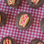 Mini Hot Dog Cupcakes - yellow cupcakes are topped with chocolate frosting and then decorated with a hot dog! | ChezCateyLou.com