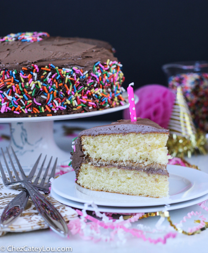 Yellow Birthday Cake with Chocolate Peanut Butter Frosting | ChezCateyLou.com