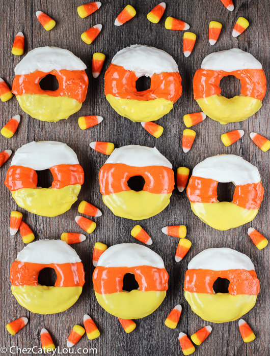 Candy Corn Donuts - the perfect breakfast treat to make for Halloween! |ChezCateyLou.com