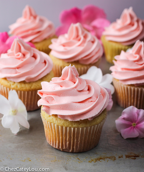 Baby Girl Cupcakes - yellow cupcakes with pink buttercream frosting | ChezCateyLou.com